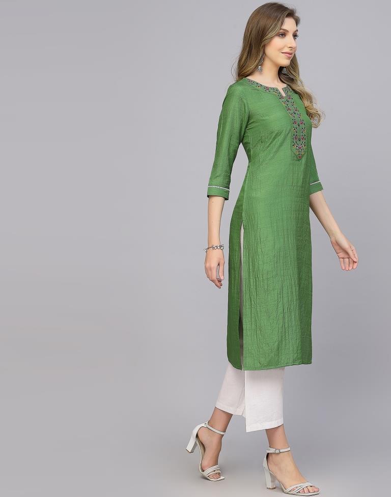 Parrot Green Silk Embroidery Straight Kurta