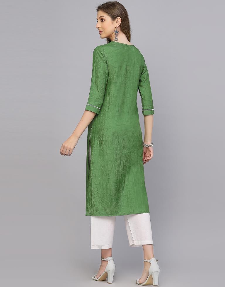 Parrot Green Silk Embroidery Straight Kurta