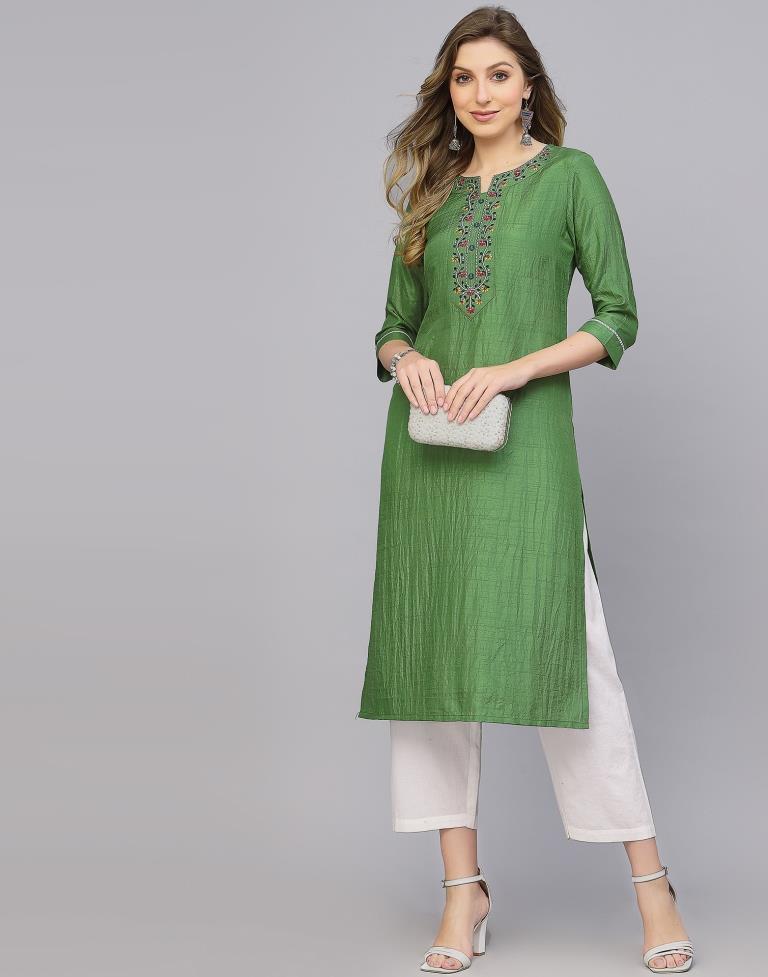 Parrot Green Silk Embroidery Straight Kurta