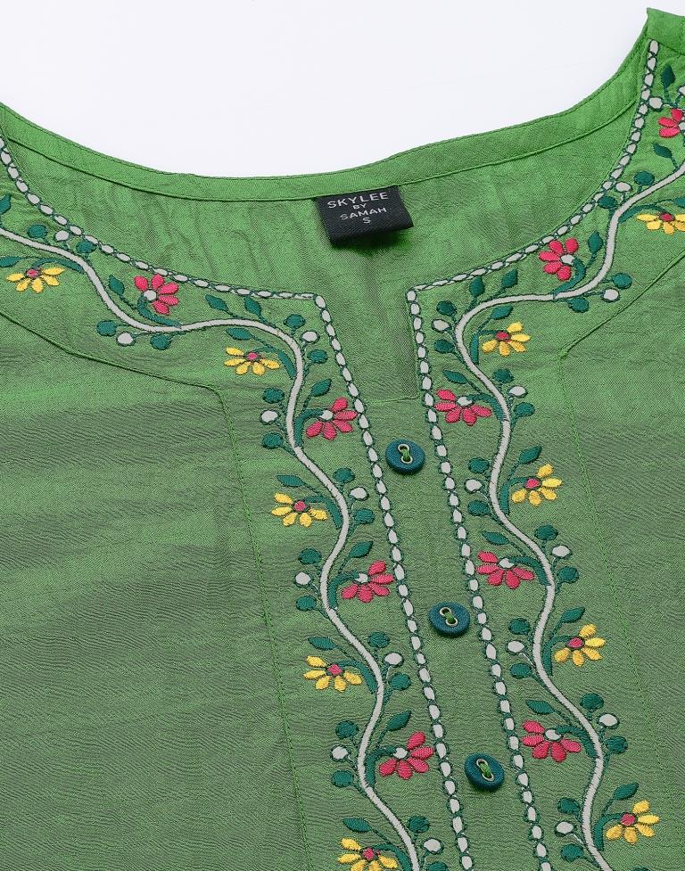 Parrot Green Silk Embroidery Straight Kurta