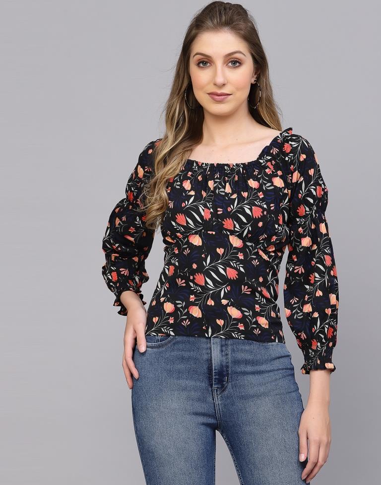 Black Floral Print Top