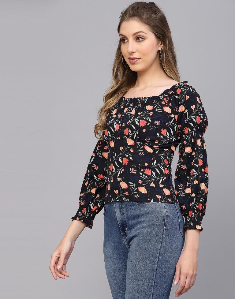 Black Floral Print Top