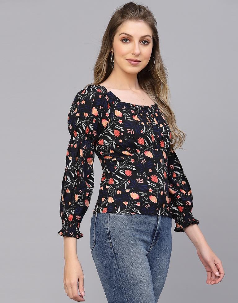 Black Floral Print Top