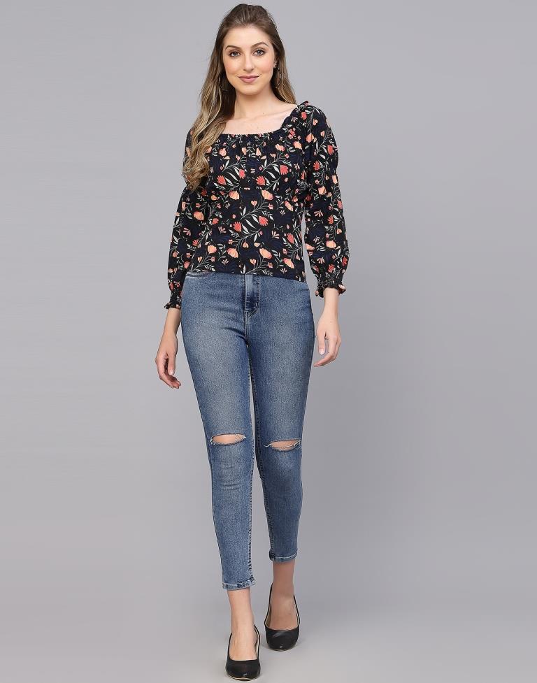 Black Floral Print Top