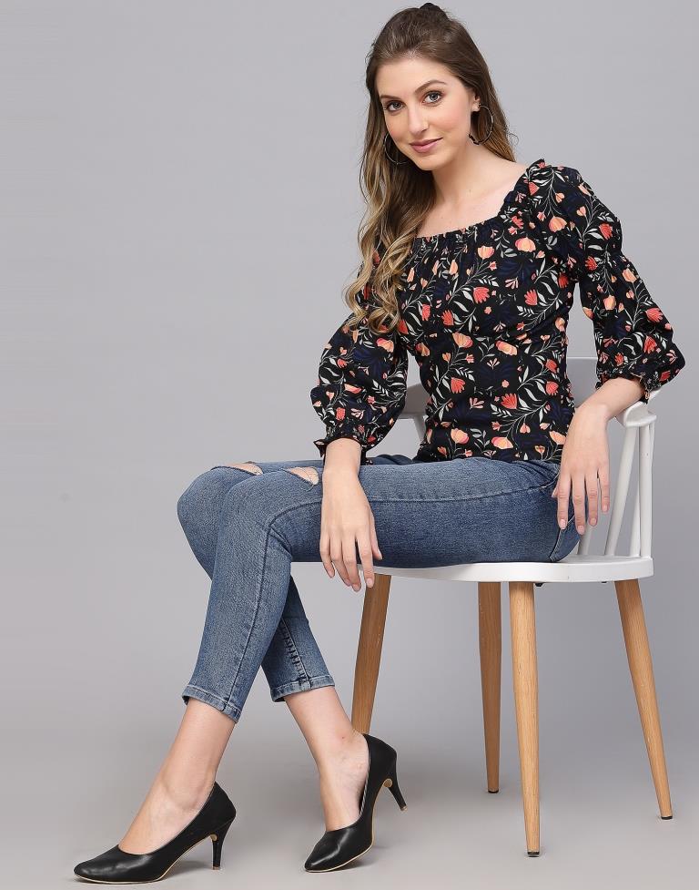 Black Floral Print Top