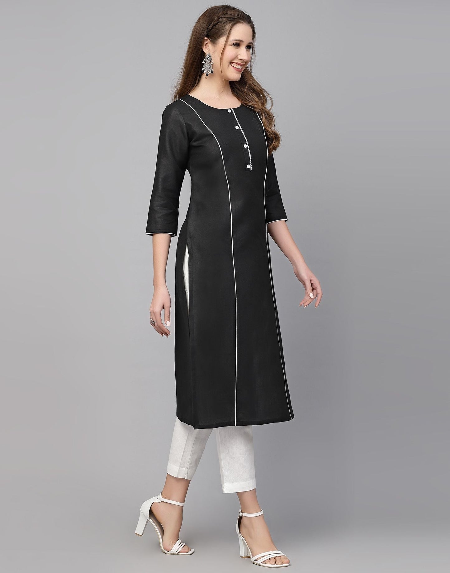 Black Cotton Plain Straight Kurta