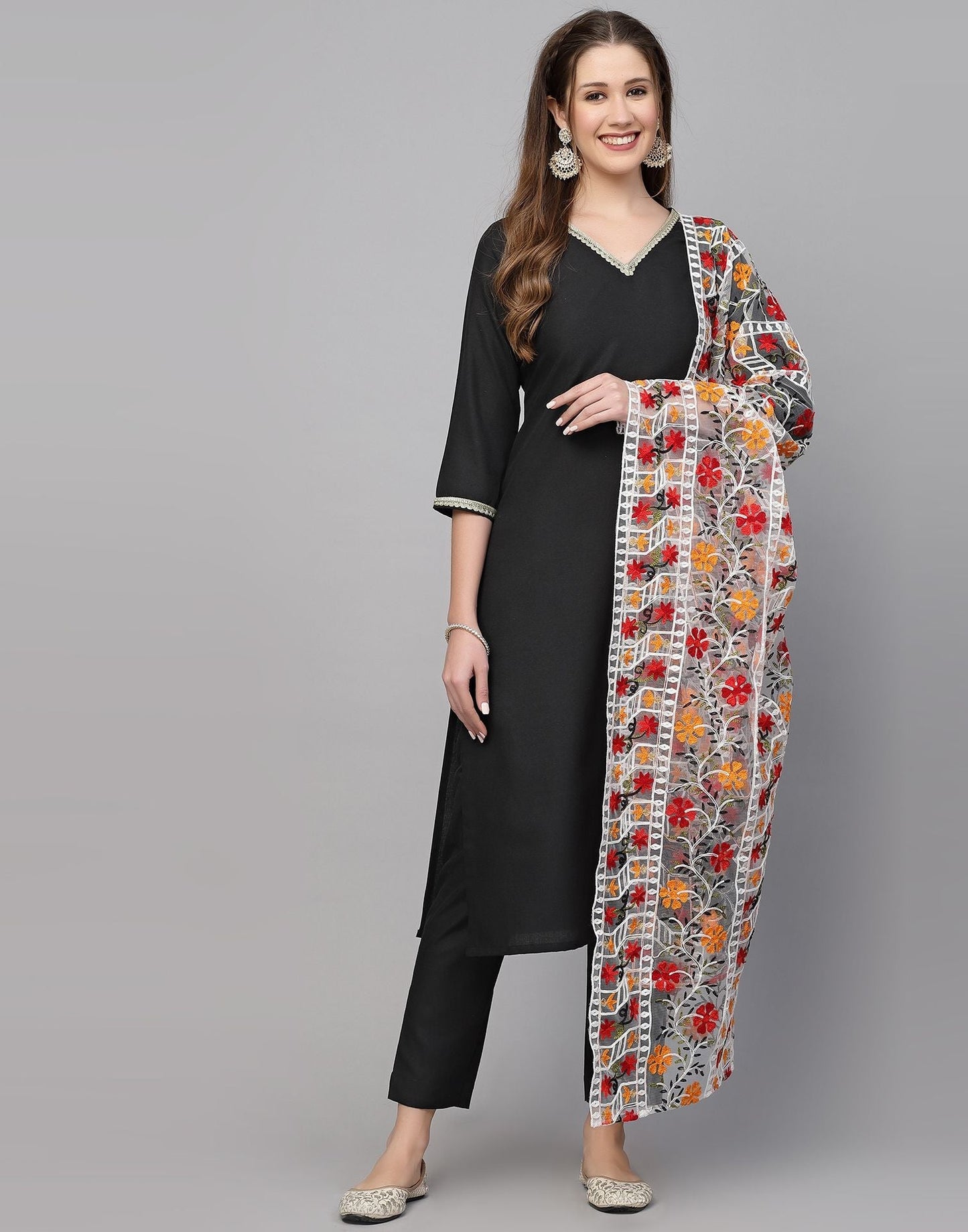 Black Cotton Kurti With Pant And Dupatta