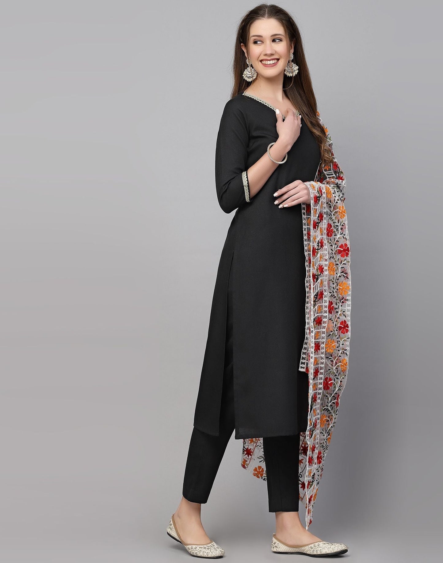 Black Cotton Kurti With Pant And Dupatta