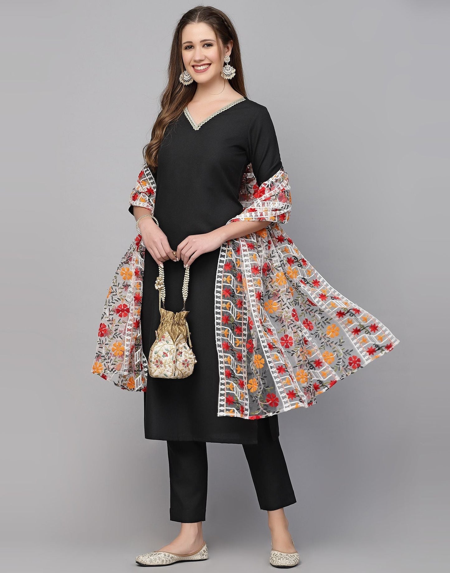 Black Cotton Kurti With Pant And Dupatta