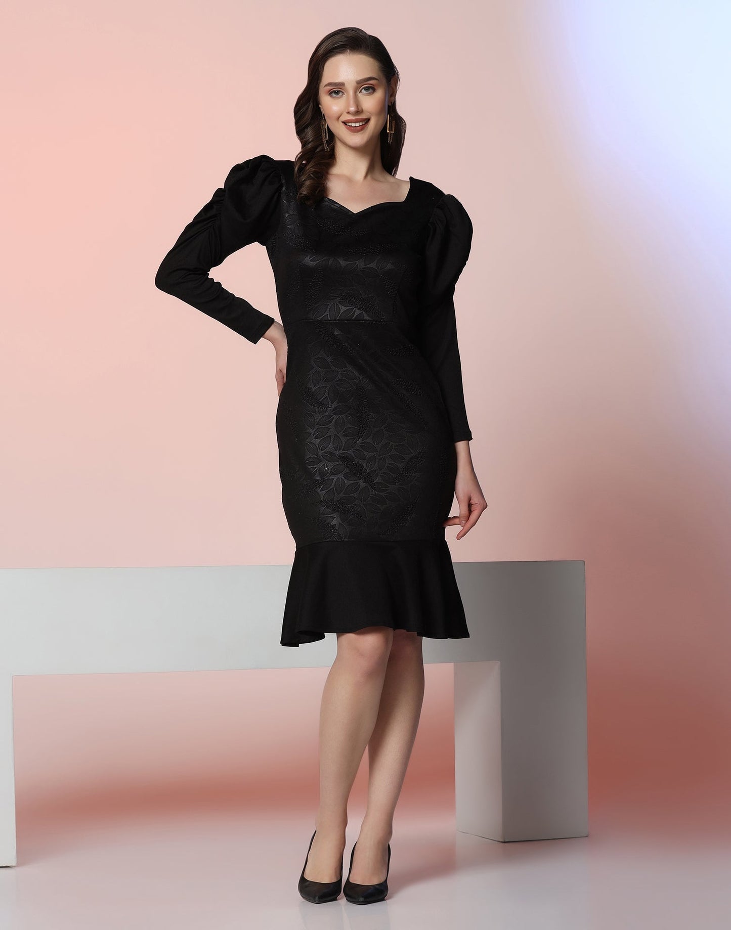 Black Lycra Frill Hem Dress