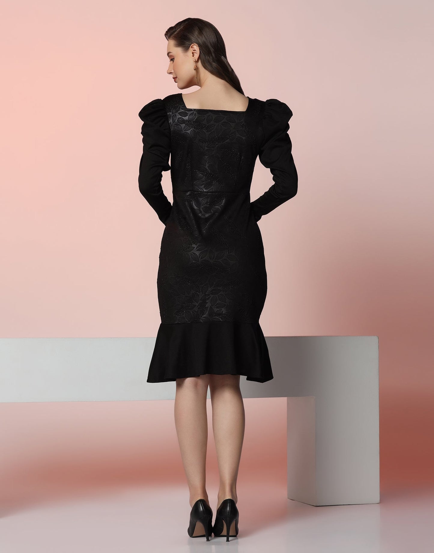 Black Lycra Frill Hem Dress