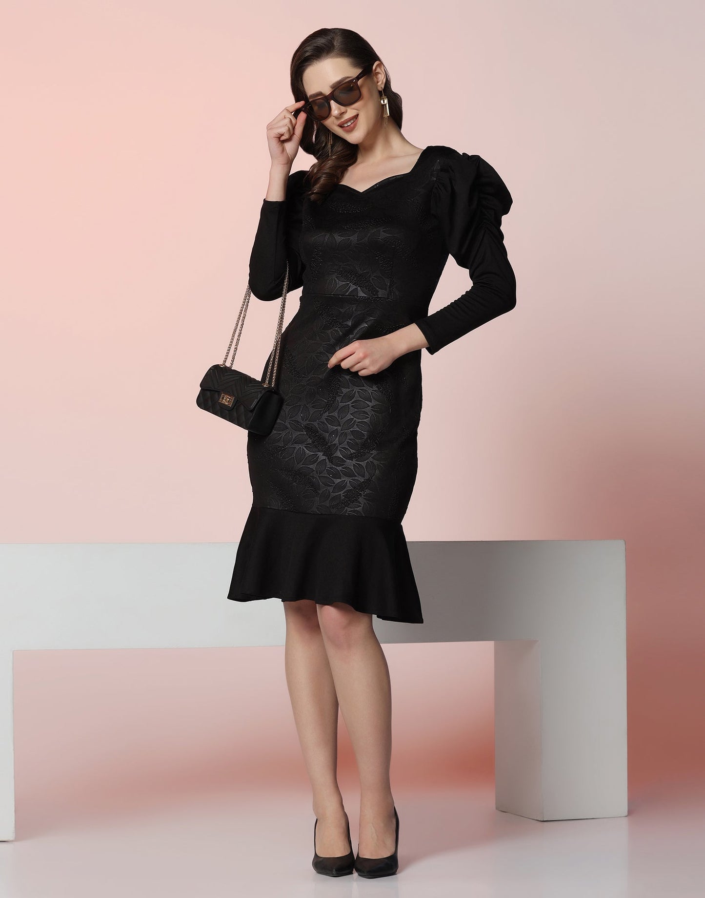 Black Lycra Frill Hem Dress