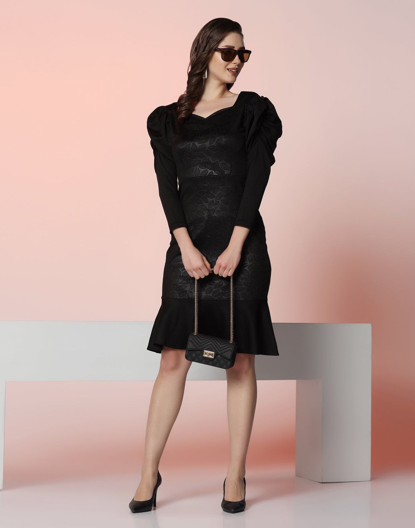 Black Lycra Frill Hem Dress