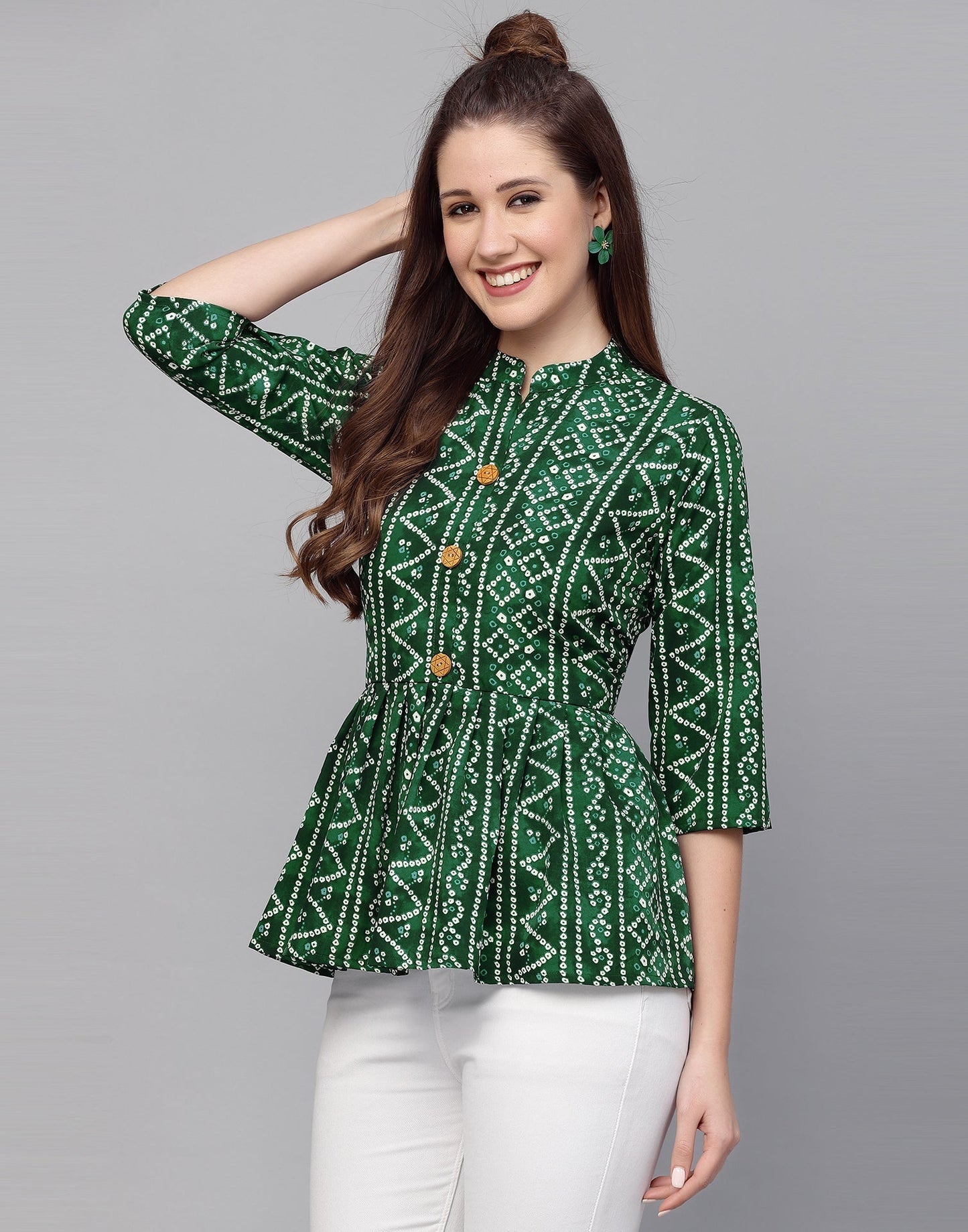 Green Gathered Bandhani Printed Top