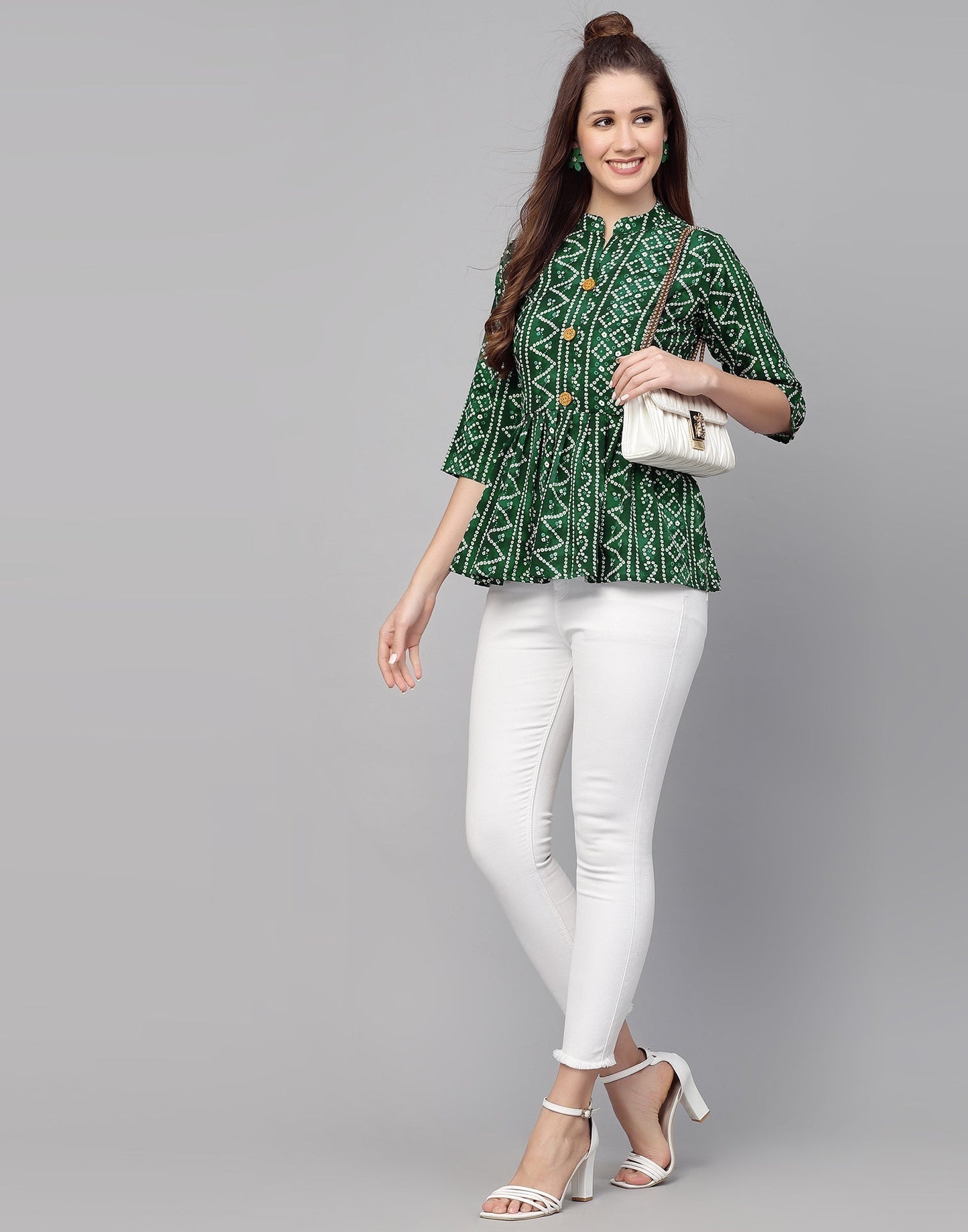 Green Gathered Bandhani Printed Top