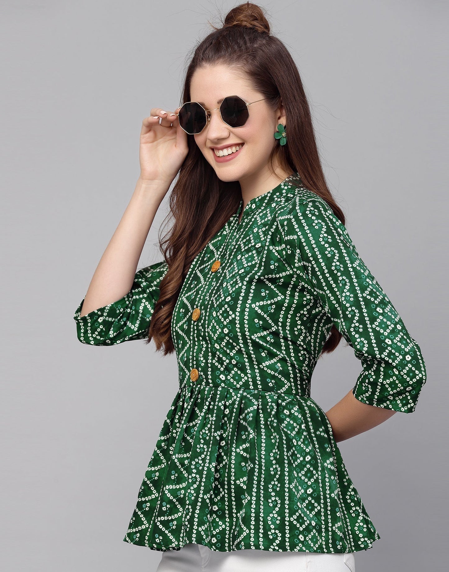 Green Gathered Bandhani Printed Top