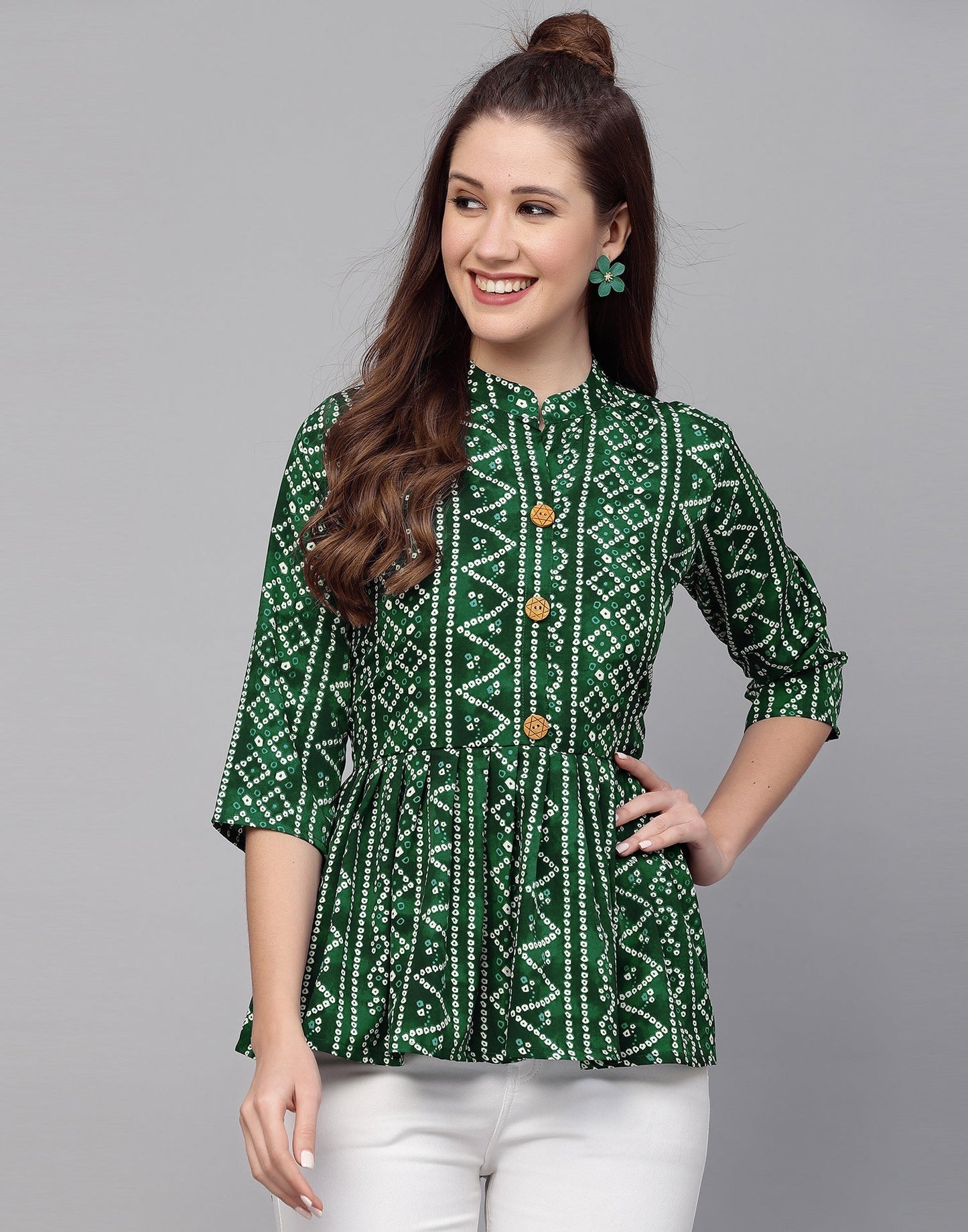 Green Gathered Bandhani Printed Top