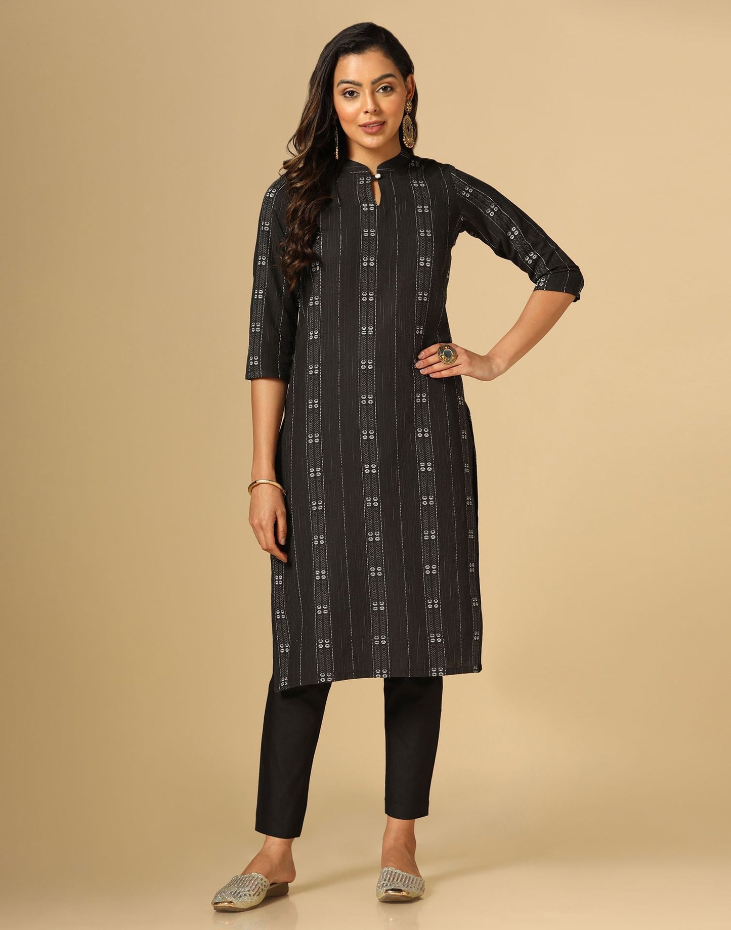 Black Cotton Woven Straight Kurta With Pant Set