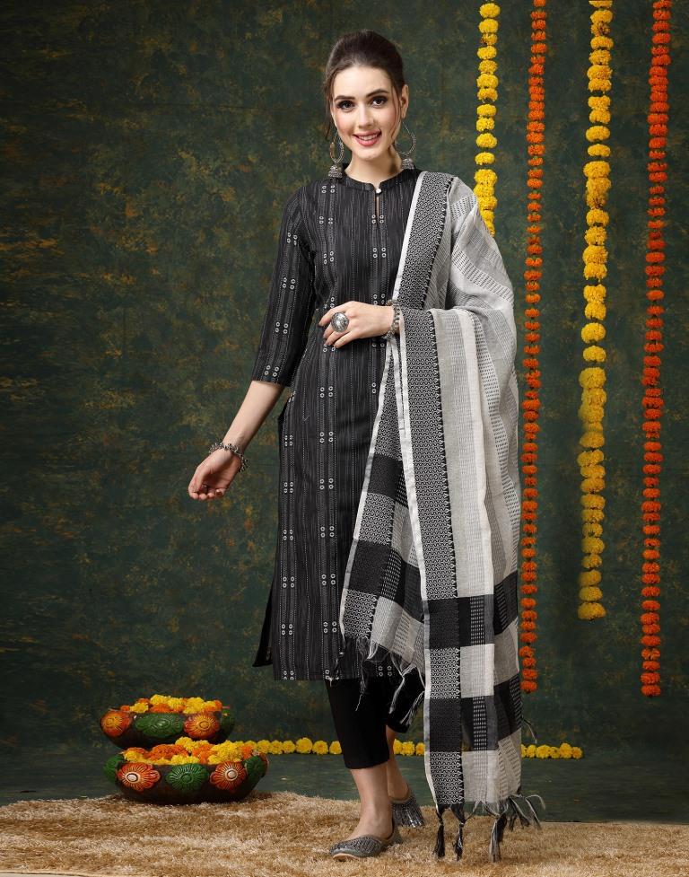 Black Cotton Woven Straight Kurta With Pant And Dupatta