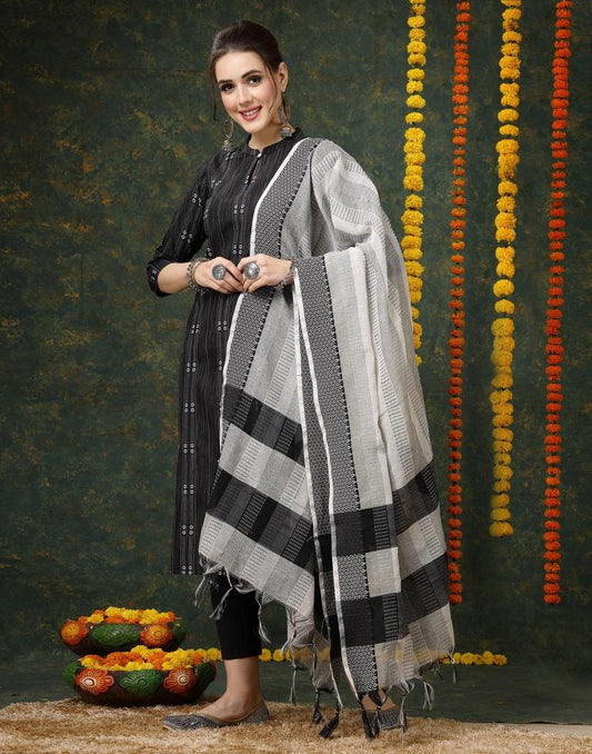 Black Cotton Woven Straight Kurta With Pant And Dupatta