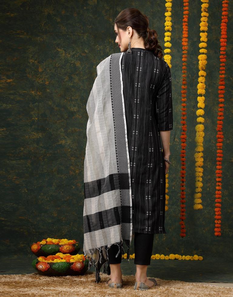 Black Cotton Woven Straight Kurta With Pant And Dupatta