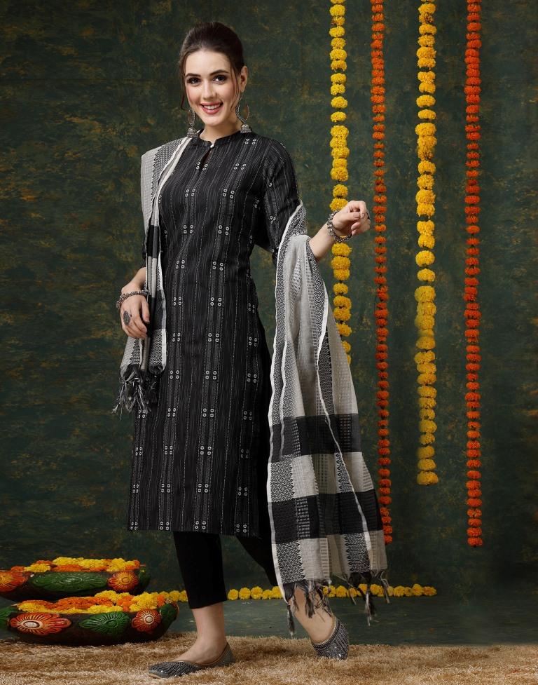 Black Cotton Woven Straight Kurta With Pant And Dupatta