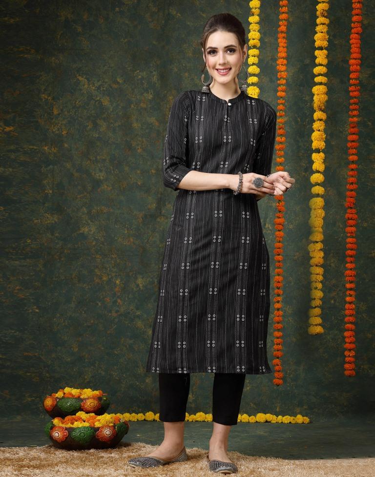 Black Cotton Woven Straight Kurta With Pant And Dupatta