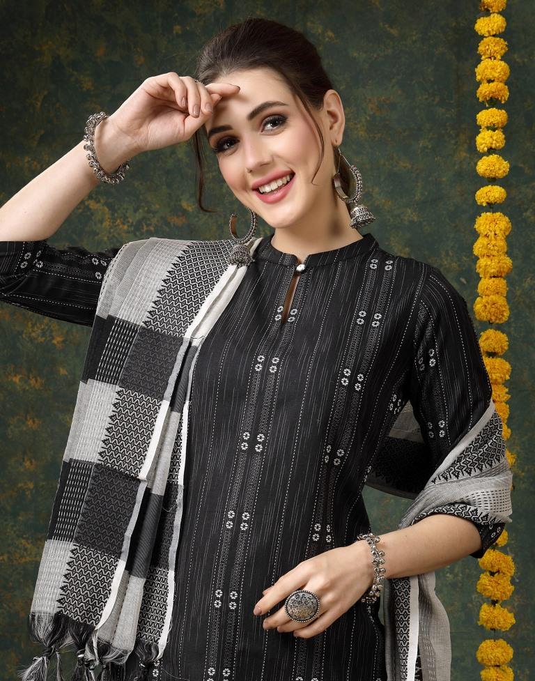 Black Cotton Woven Straight Kurta With Pant And Dupatta