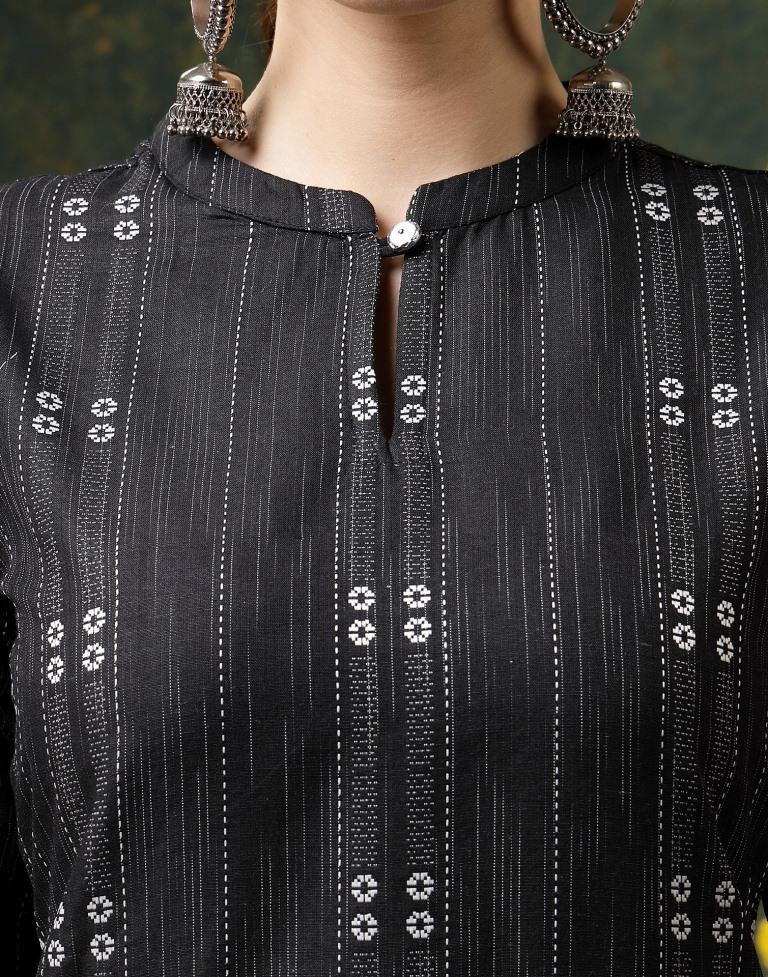 Black Cotton Woven Straight Kurta With Pant And Dupatta