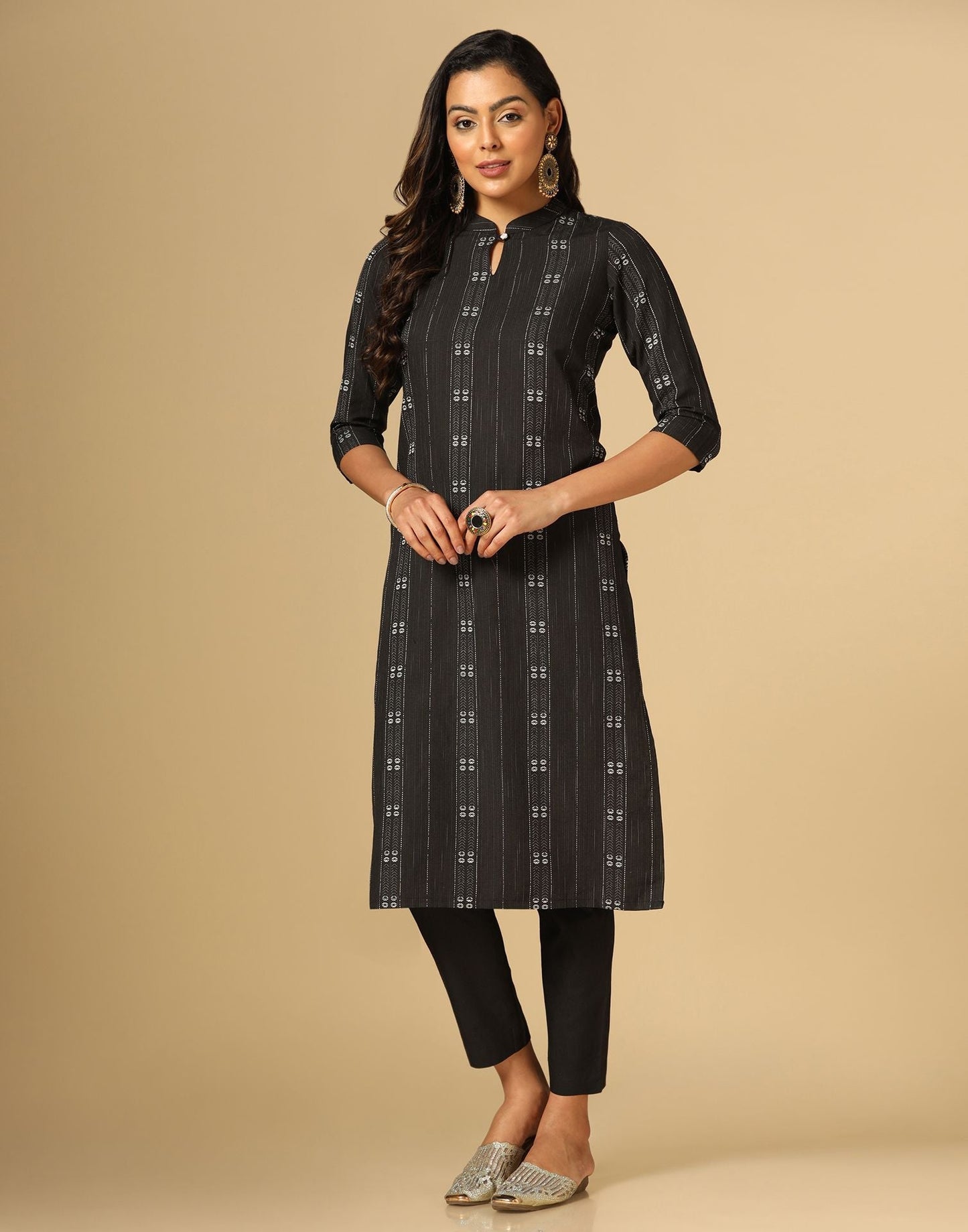 Black Cotton Woven Straight Kurta With Pant Set