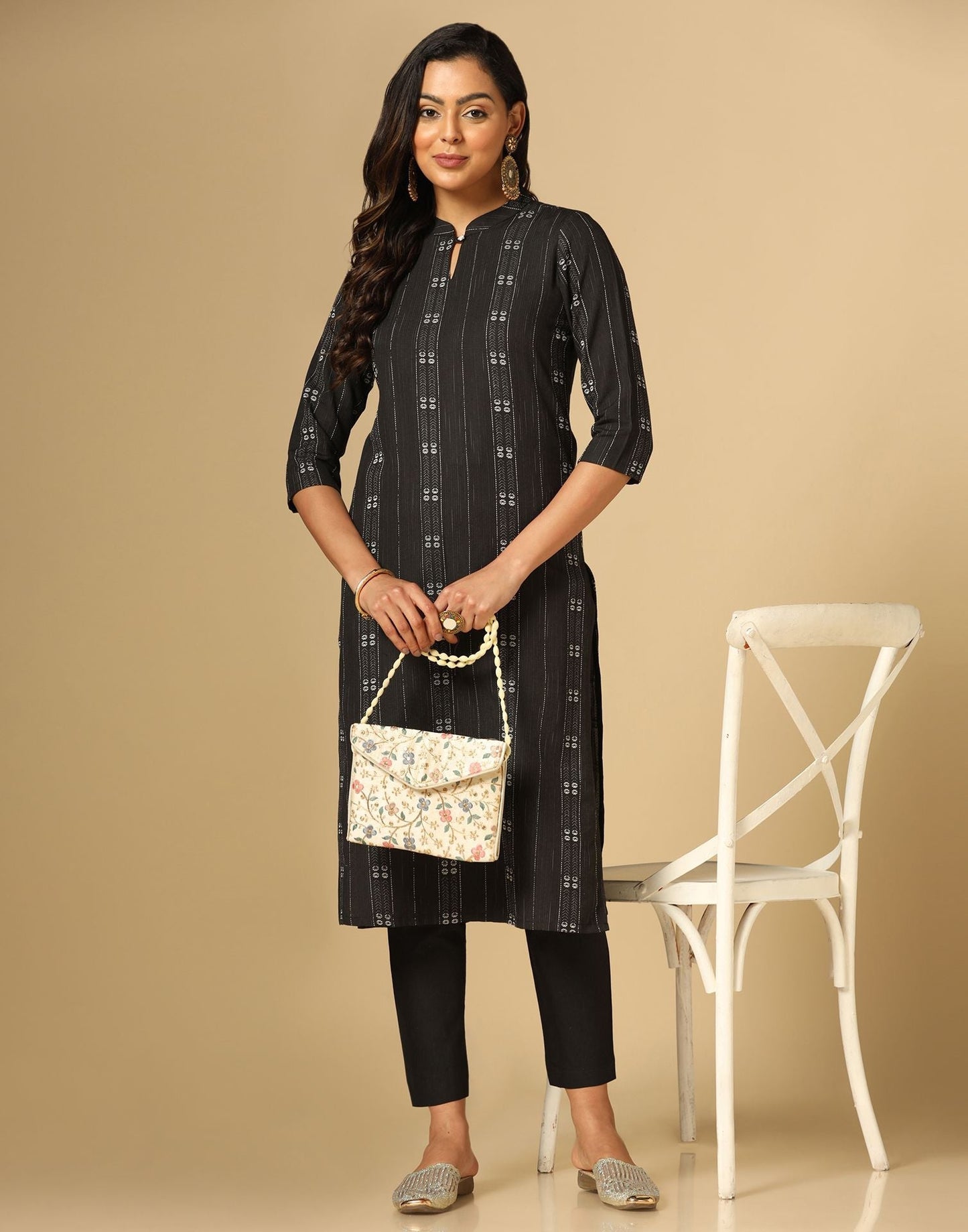 Black Cotton Woven Straight Kurta With Pant Set