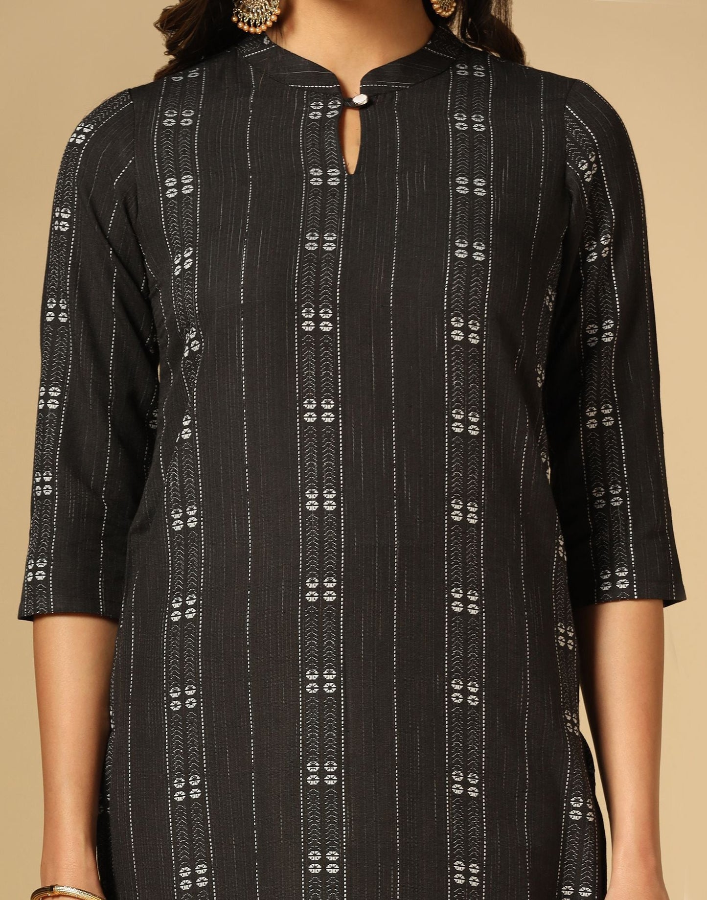 Black Cotton Woven Straight Kurta With Pant Set