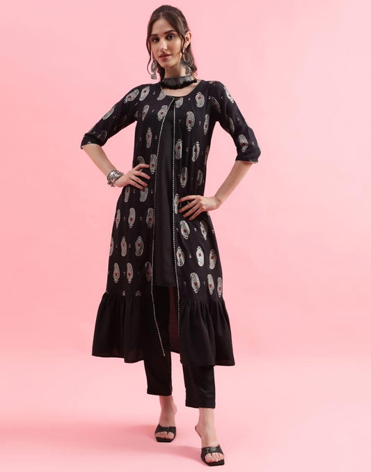 Black Printed A-Line Kurta