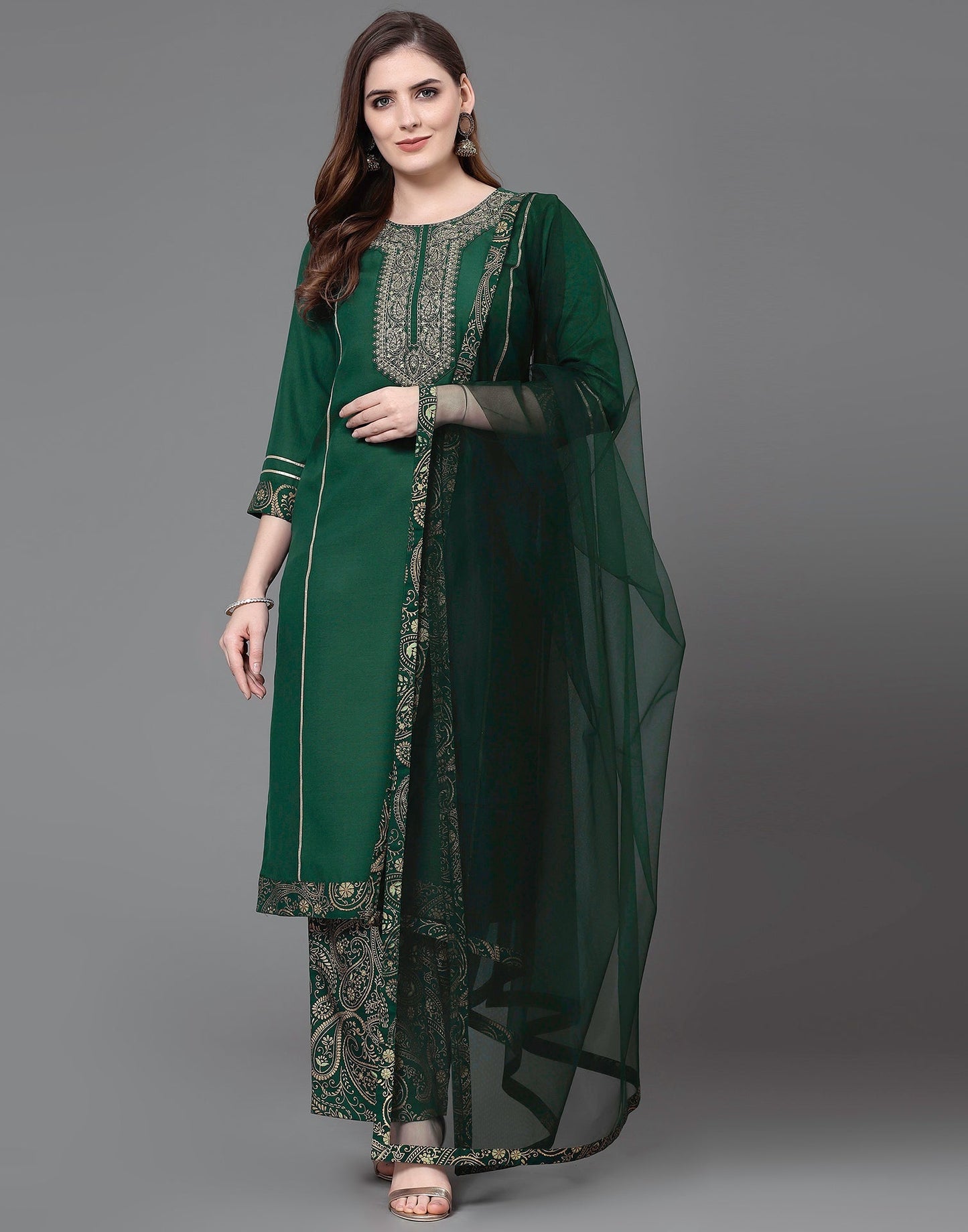 Green Embroidery Kurti With Pant And Dupatta