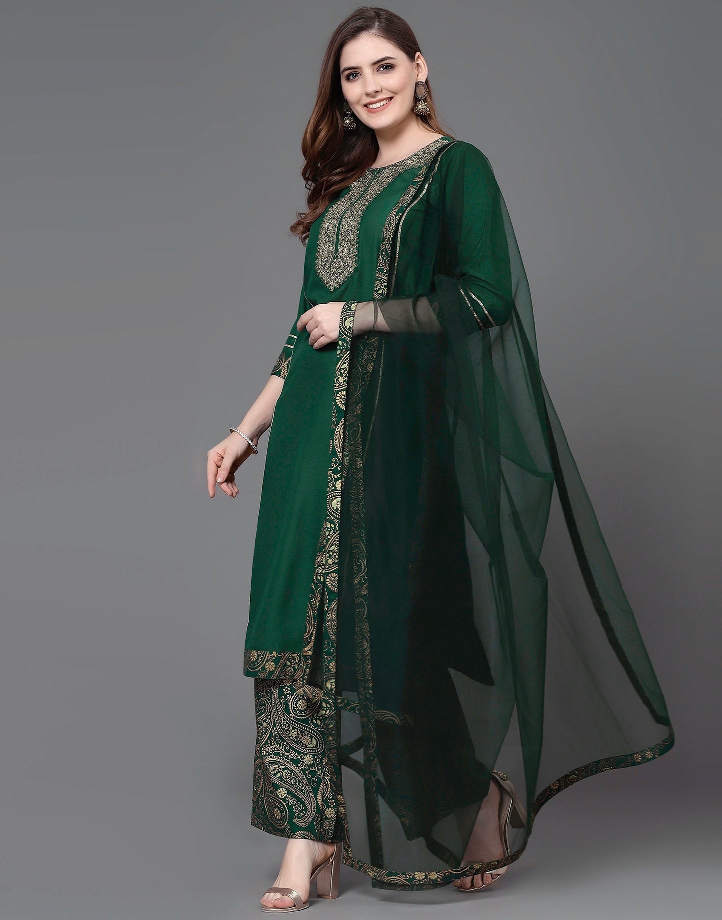 Green Embroidery Kurti With Pant And Dupatta