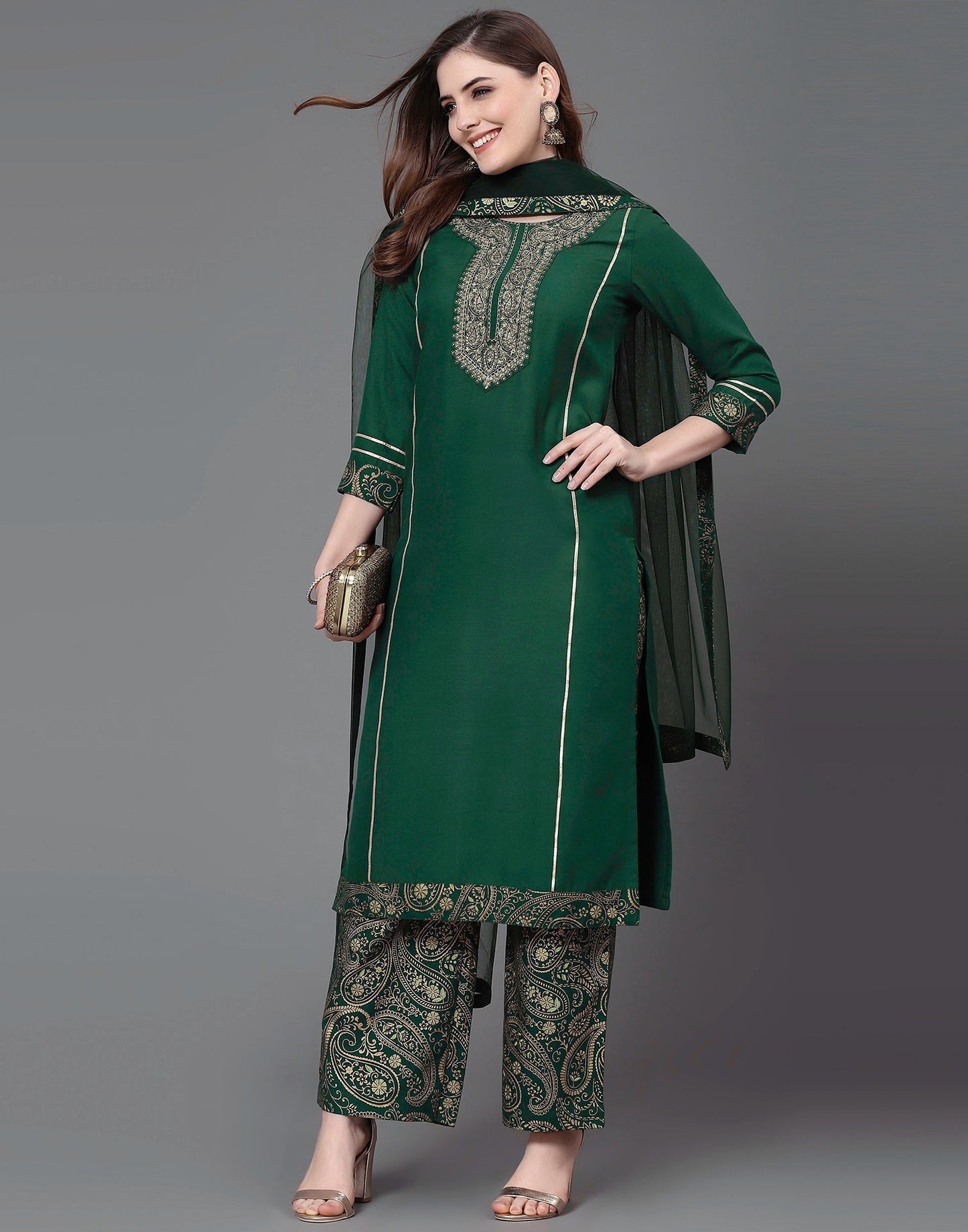 Green Embroidery Kurti With Pant And Dupatta