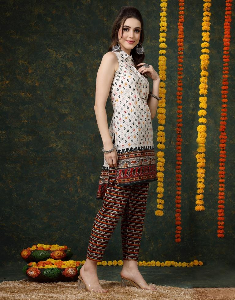 Off White Printed Kurta With Pant