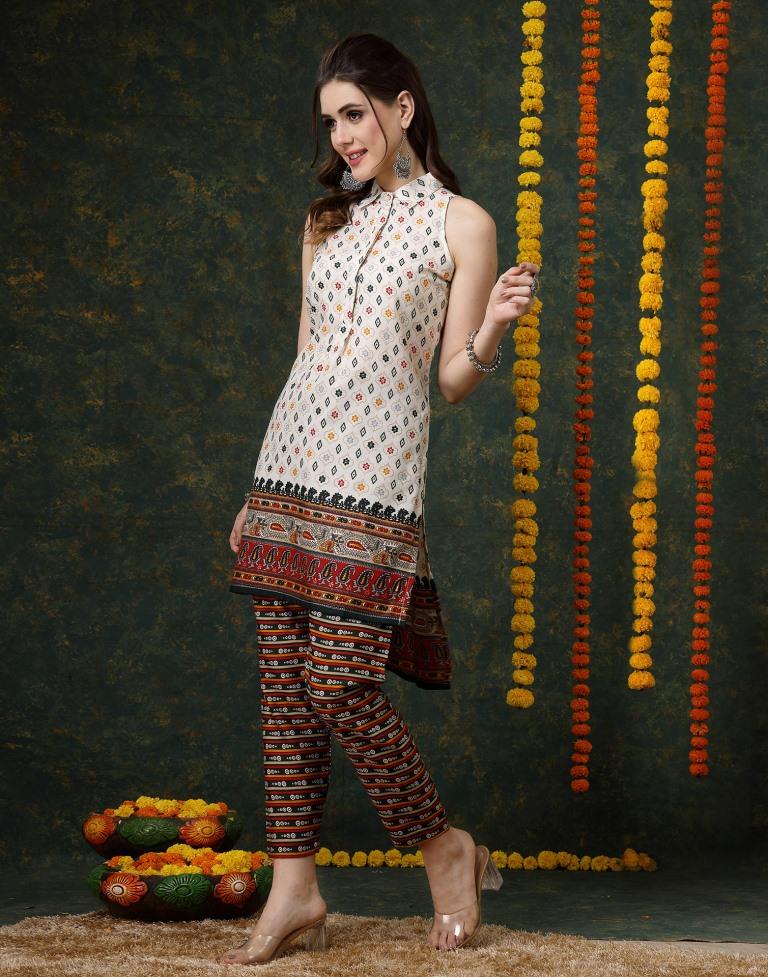 Off White Printed Kurta With Pant