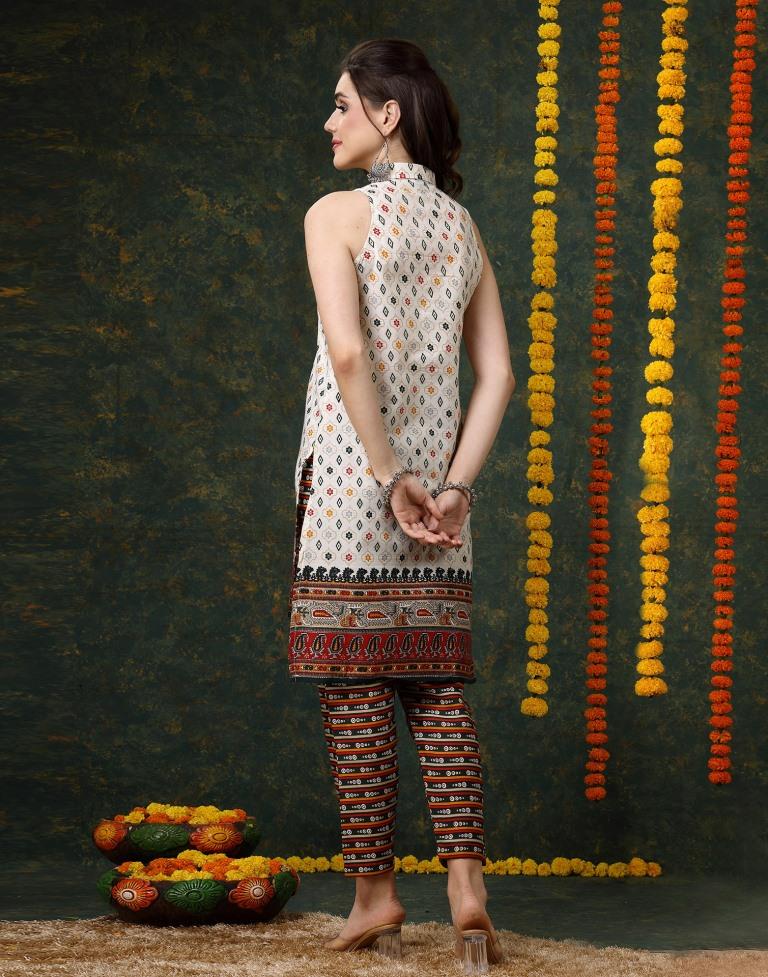 Off White Printed Kurta With Pant