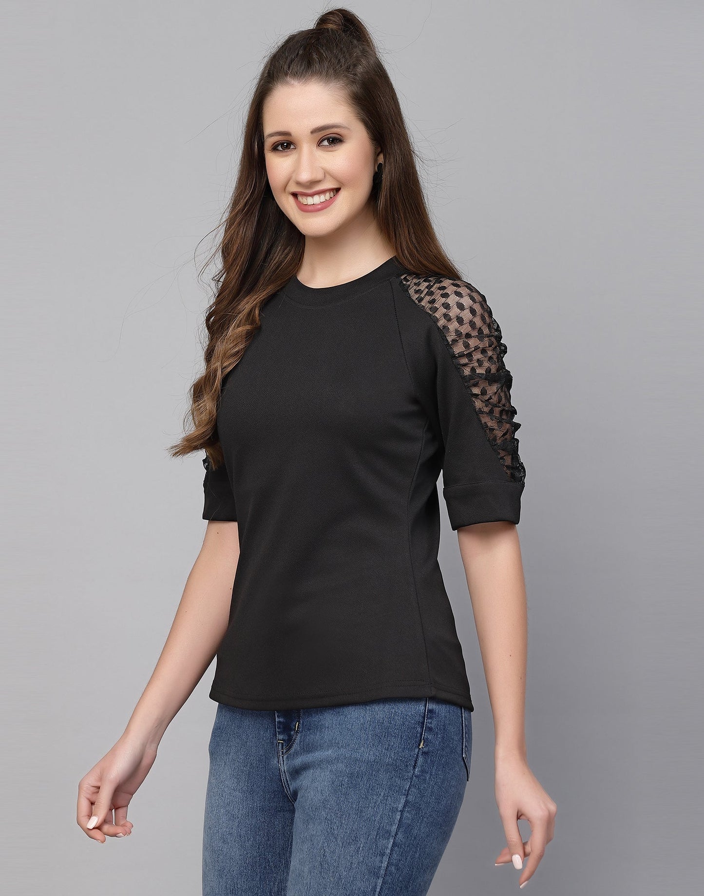 Black Lycra Balloon sleeve self design Top