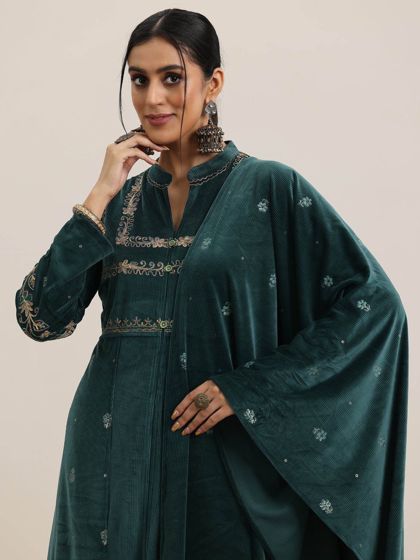 Green Embroidered Velvet A-Line Kurta With Trousers & Dupatta