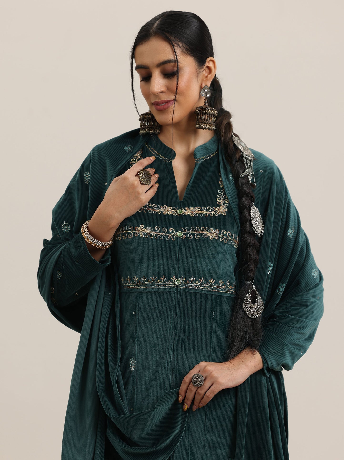 Green Embroidered Velvet A-Line Kurta With Trousers & Dupatta