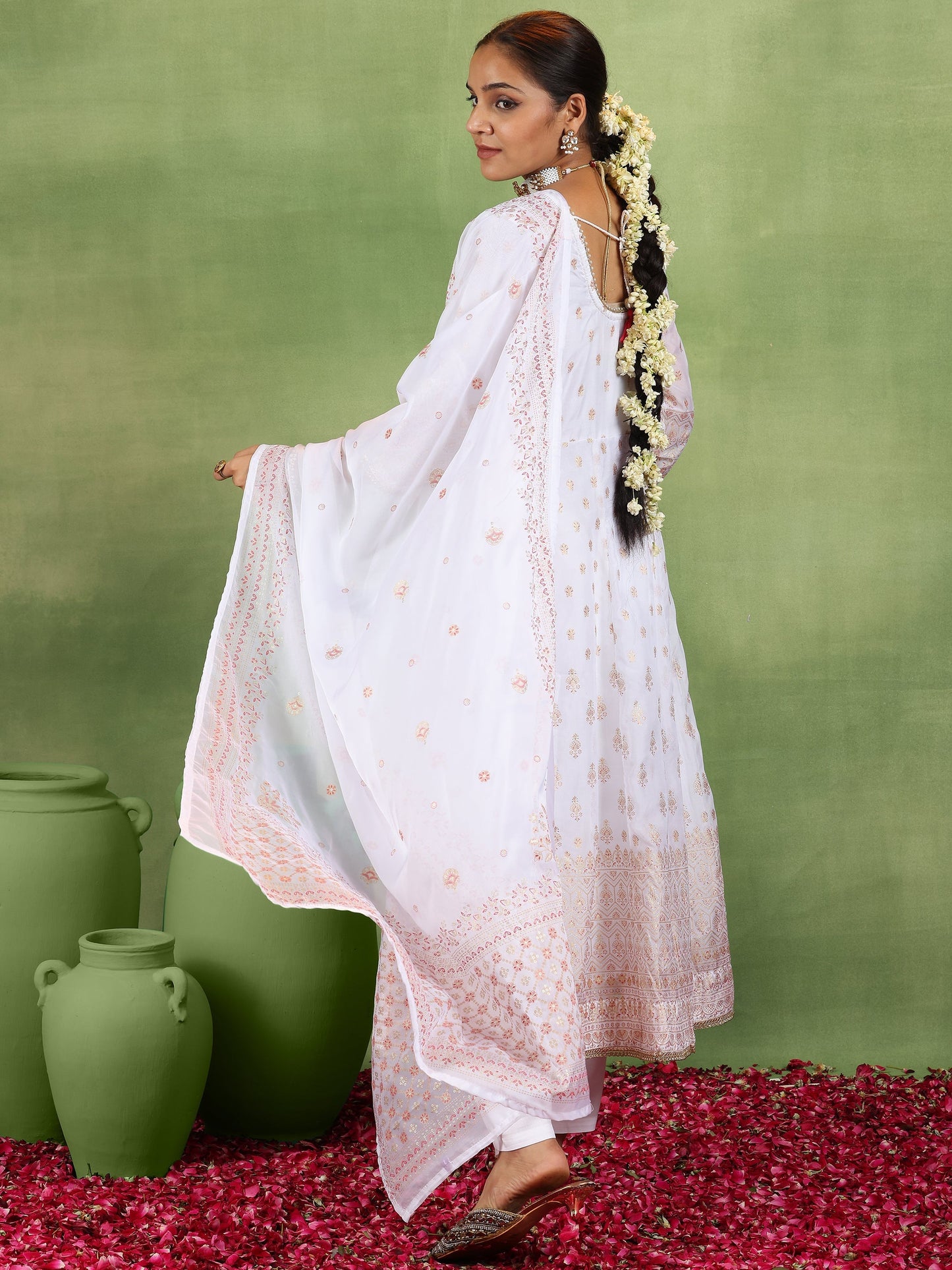 Off White Printed Organza Anarkali Suit With Dupatta