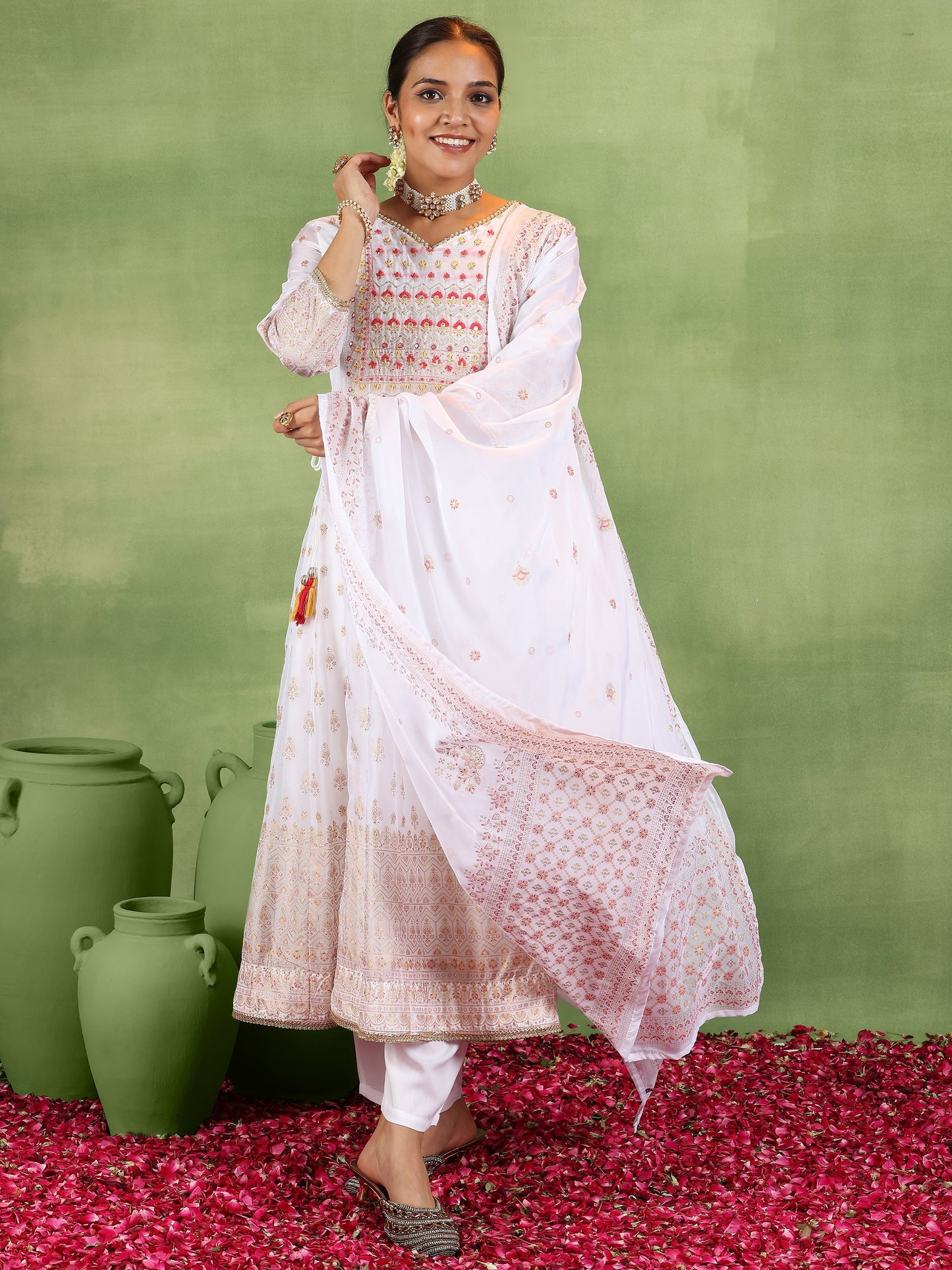 Off White Printed Organza Anarkali Suit With Dupatta