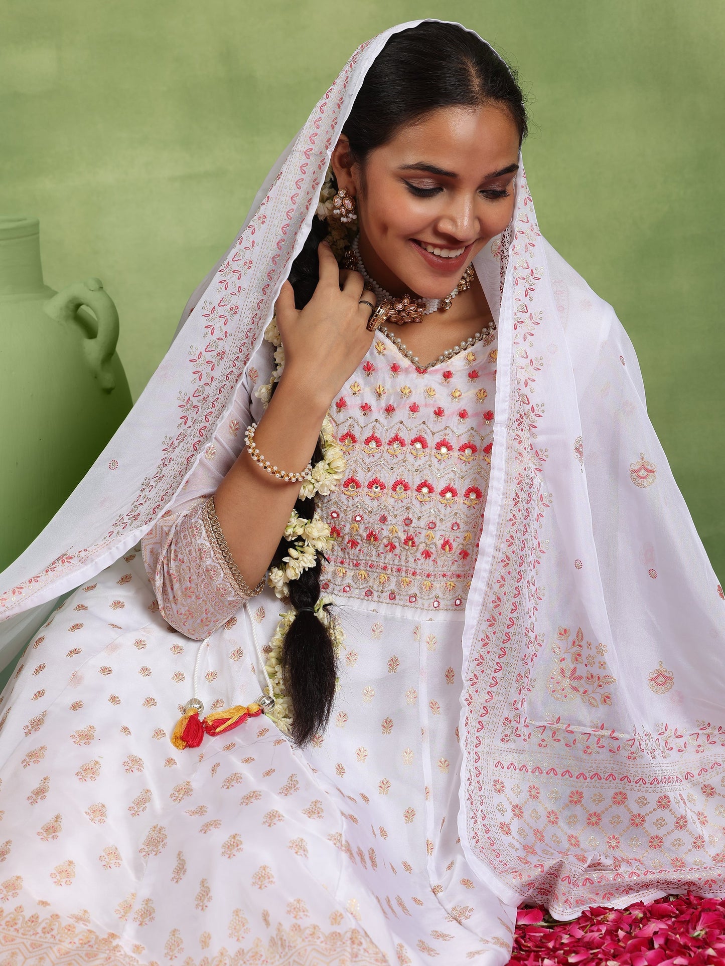 Off White Printed Organza Anarkali Suit With Dupatta