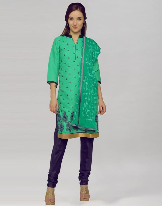 Green Brasso Cotton Embroidered Unstitched Salwar Suit