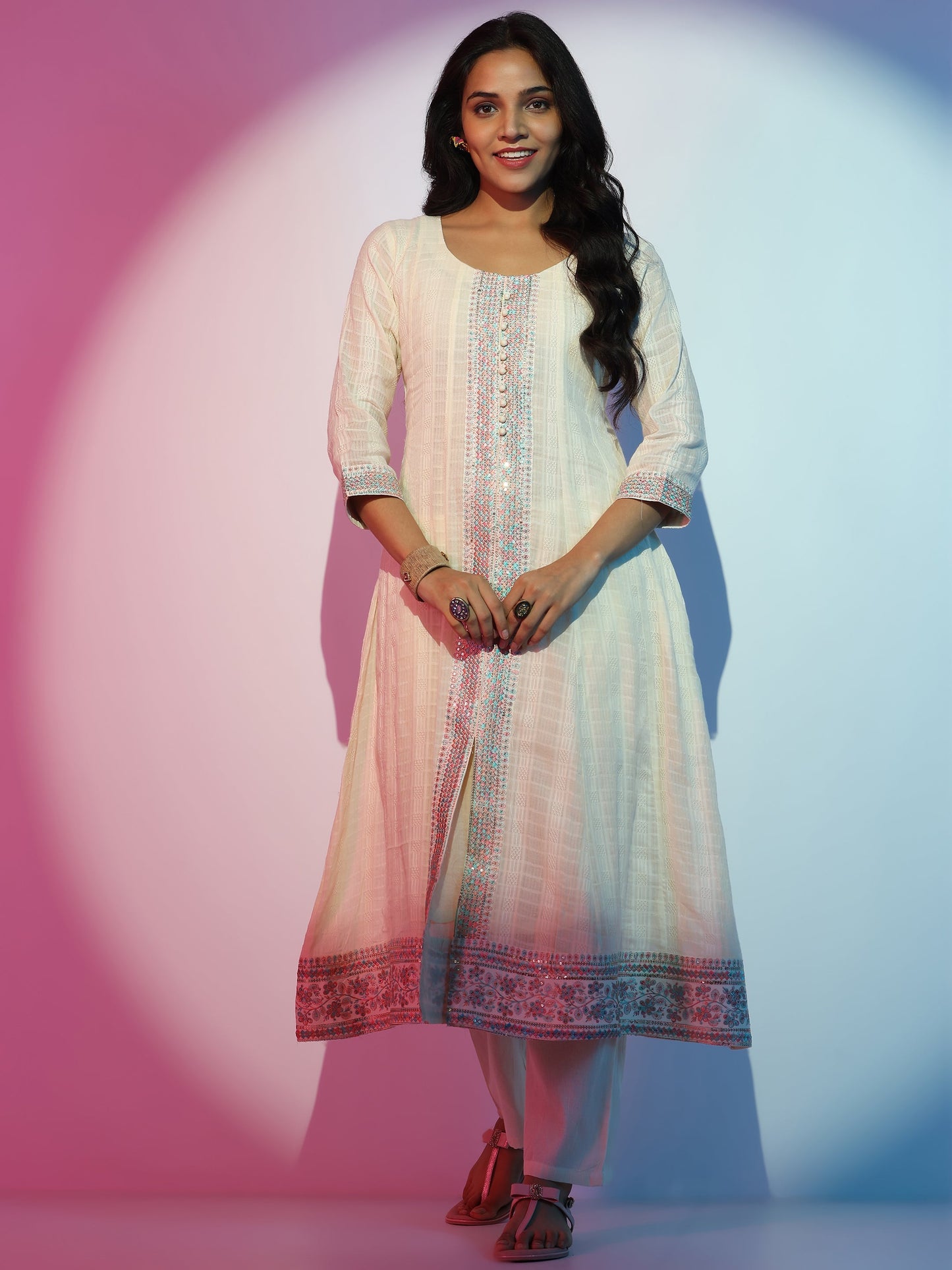 Off White Woven Design Cotton A-Line Kurta With Trousers