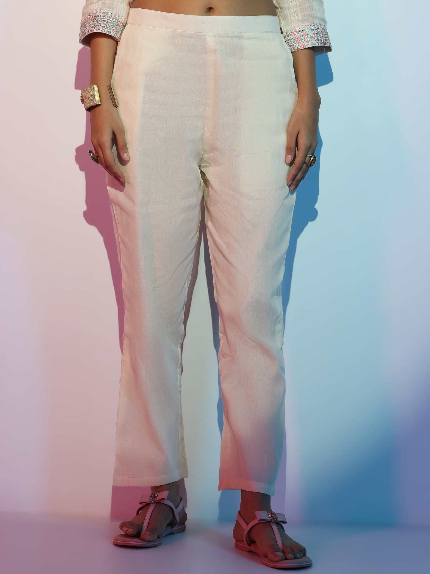 Off White Woven Design Cotton A-Line Kurta With Trousers