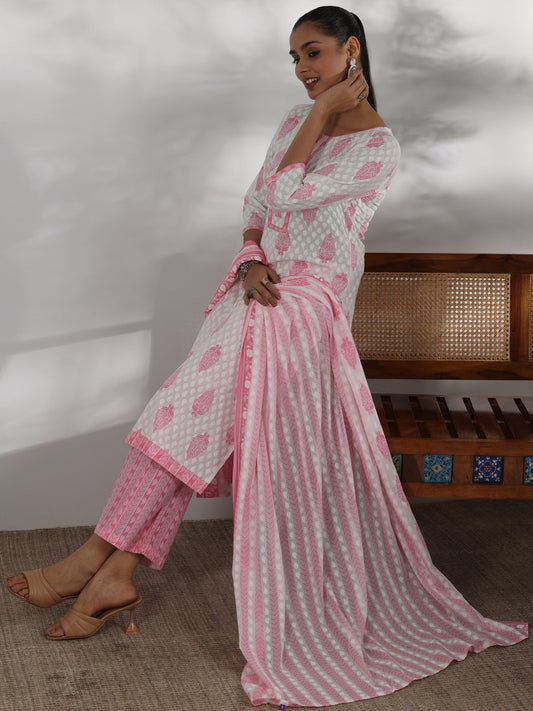 Off White Printed Cotton Straight Suit With Dupatta