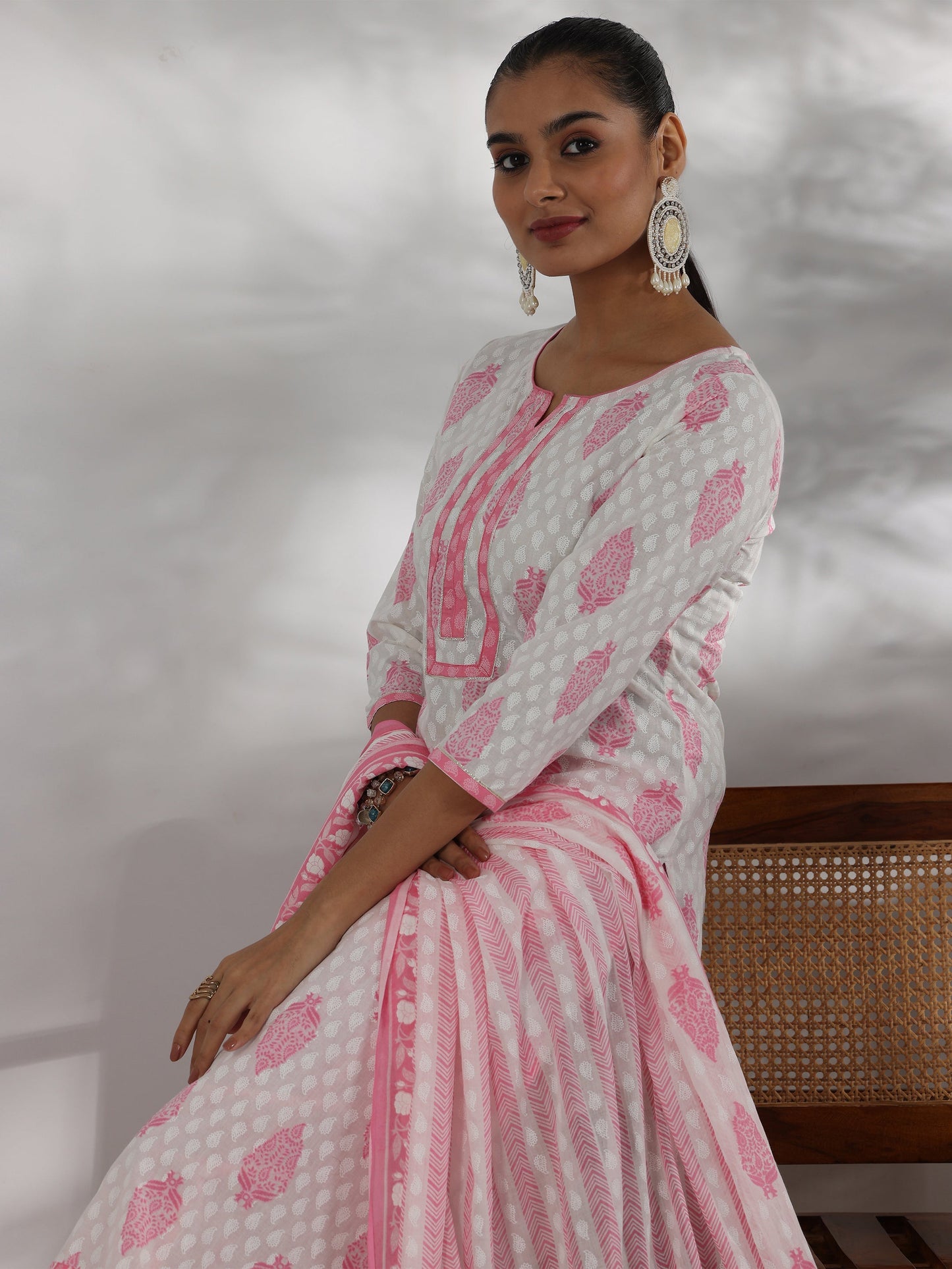 Off White Printed Cotton Straight Suit With Dupatta